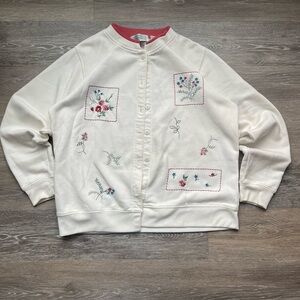Floral Embroidered White Button-Up Sweatshirt